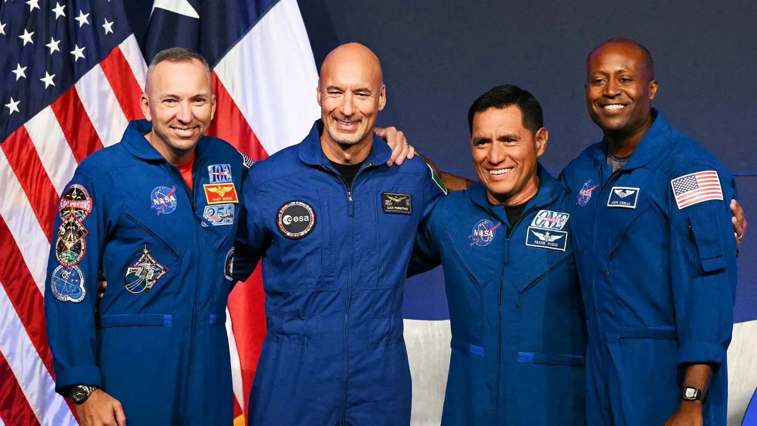 NASA astronaut commander Randy Bresnik, ESA (European Space Agency) astronaut pilot Luca Parmitano, NASA astronaut mission specialist Frank