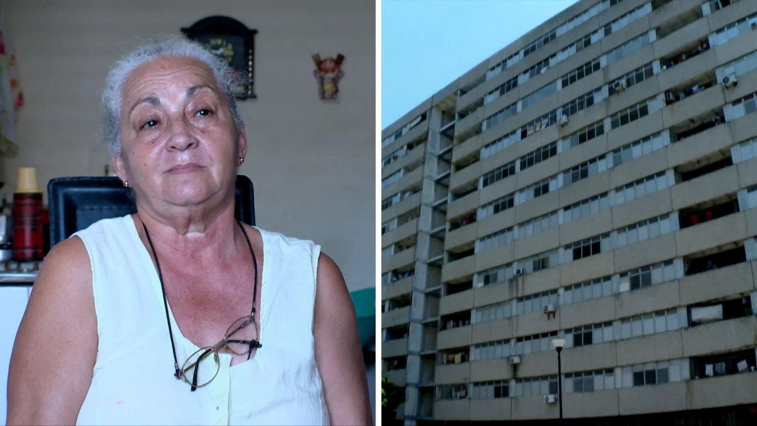 Split screen. Left, Ana Rosa Romero is pictured. Right, a high-rise building is seen.